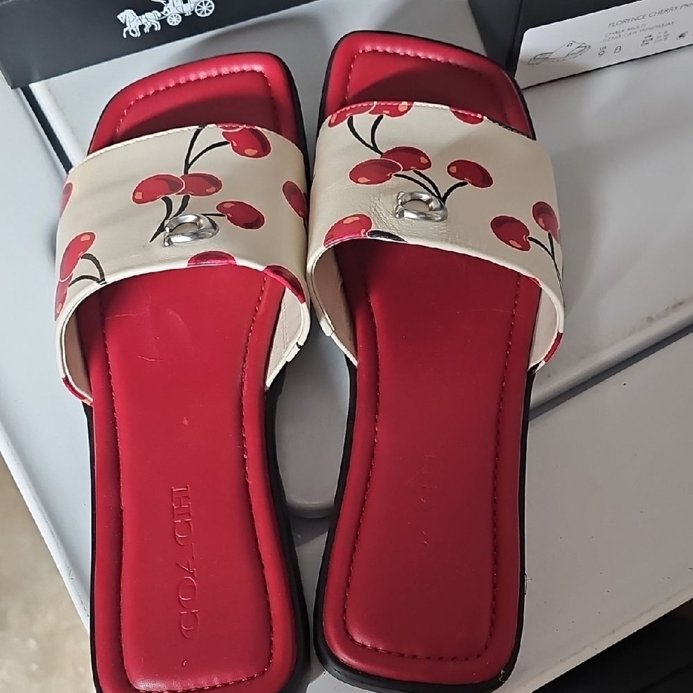 Coach Cherry Print Red and Cream Slide Sandals - Picture 4 of 10